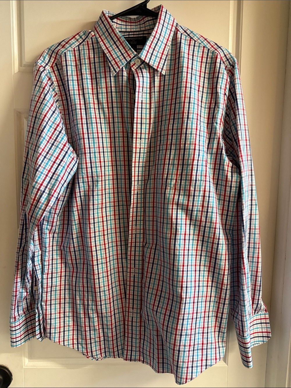 Banana Republic White Plaid Button-Down Shirt with Red & Blue Checks